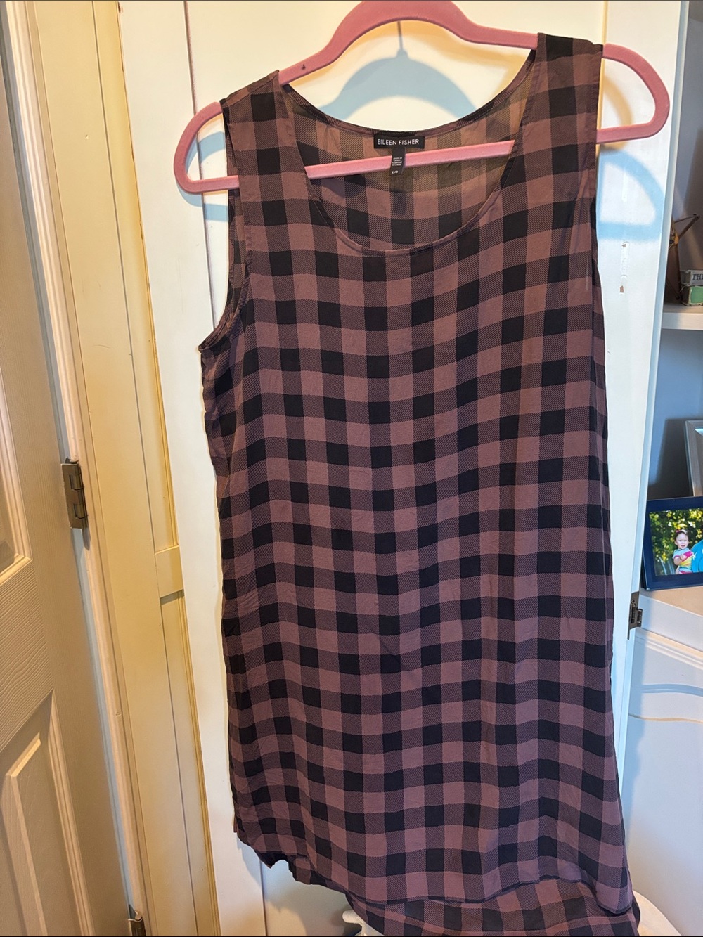 Eileen Fisher Plaid Sleeveless Shift Dress - Mauve & Black